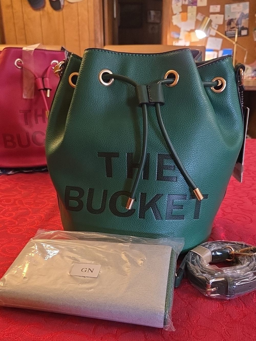 Green Drawstring Bucket Hobo Bag with Front Logo